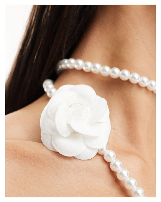 Reclaimed (vintage) White Layered Pearl Necklace With Rose