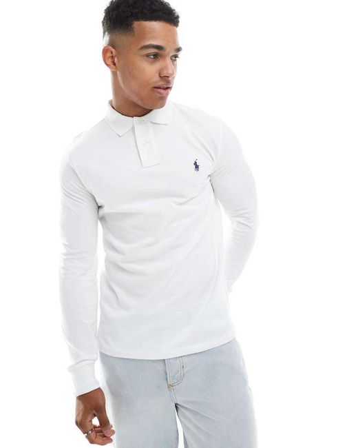 Polo Ralph Lauren White Icon Logo Custom Slim Fit Long Sleeve Polo for men