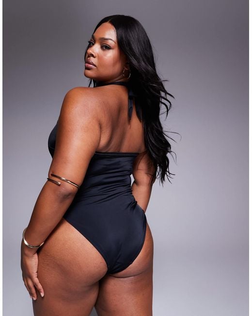 ASOS Blue Asos Design Curve Revenge Halter Tie Neck Swimsuit
