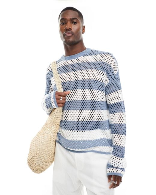 Bershka Blue Crochet Stripe Knitted Long Sleeve Jumper for men