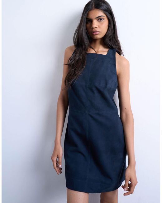 TOPSHOP Blue – neckholder-minikleid aus echtem wildleder