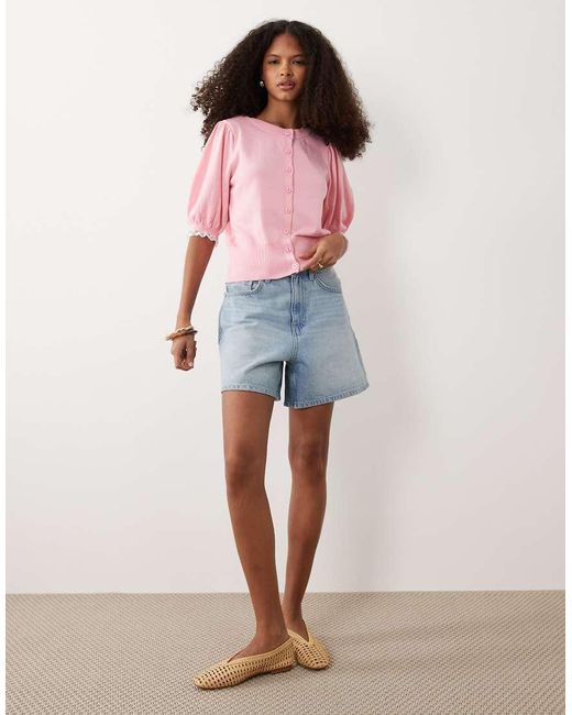 Miss Selfridge Pink Short Sleeve Knit Cardigan With Balloon Sleeves