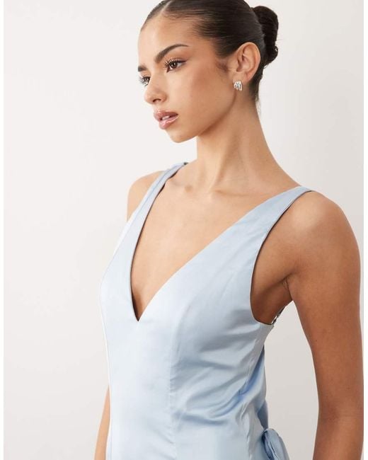 Oh Polly Blue Satin Cowl Drape Open Back Detail Thigh Split Maxi Dress