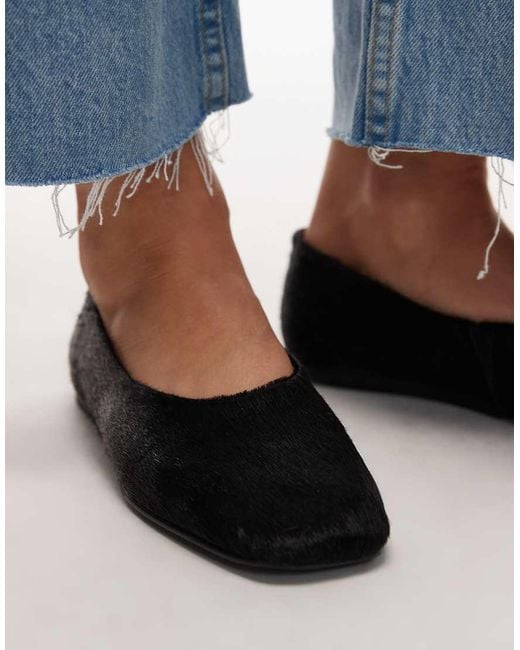 Mango Blue Hair On Real Leather Square Toe Flat Shoe