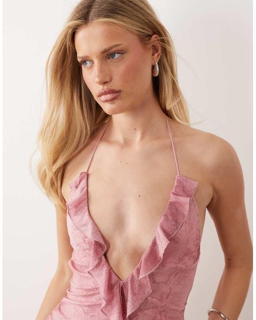 I.AM.GIA Pink Vira Plunge Neck Open Tie Back Ruffle Hem Mini Dress