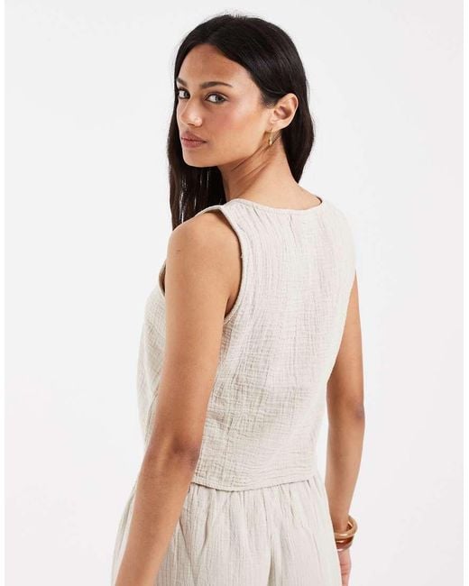 Pieces White Crinkle Cotton Sleeveless Tie Front Top Co-ord