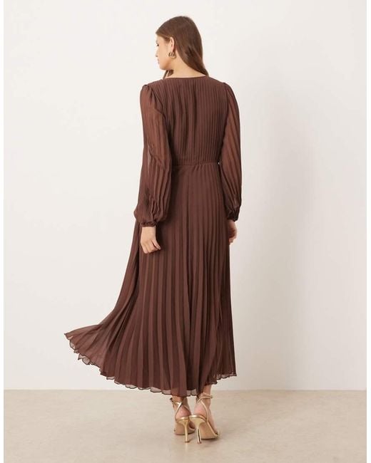 ASOS Brown Twist Detail Wrap Front Pleated Midi Dress