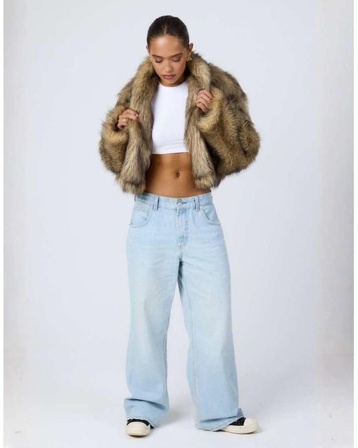 Aria Cove Blue Oversized Cropped Wide Sleeve Faux Fur Jacket
