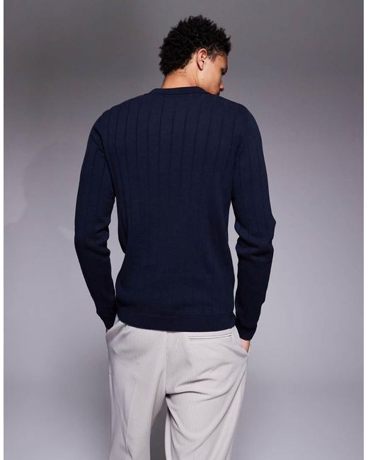 ASOS Blue Muscle Fit Long Sleeve Knit Ribbed Notch Neck Polo for men