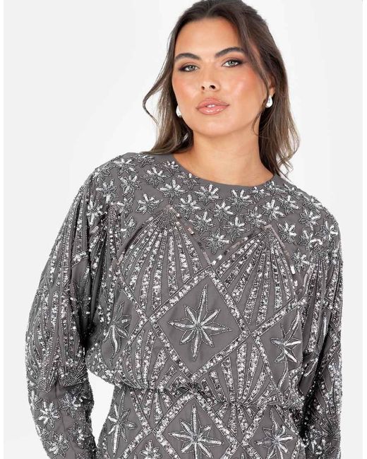 Maya Gray Fully Embellished Long Sleeve Maxi Dress