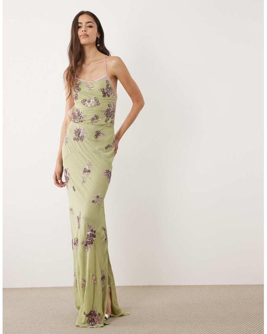 ASOS Green Asos Design Tall Ditsy Embellished Bias Semi Sheer Chiffon Maxi Dress With Open Back