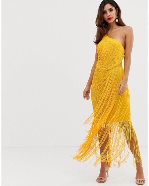 ASOS Yellow All Over Drape Fringe One Shoulder Maxi Dress