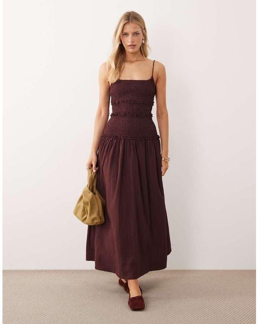 ASOS Brown Crinkle Maxi Sundress With Shirred Dropped Waist