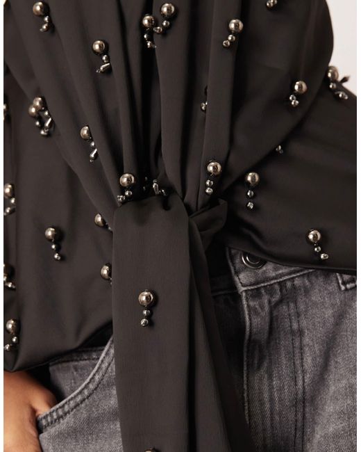 ARRANGE Black Embellished Plunge Tie Halter Top