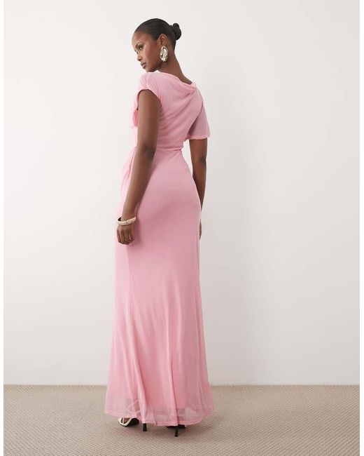 ASOS Pink Mesh Draped Asymmetric Sleeve Maxi Dress