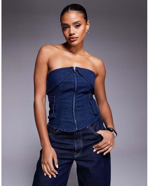 Liquor N Poker Blue Utility Denim Bandeau Crop Top With Zip Through