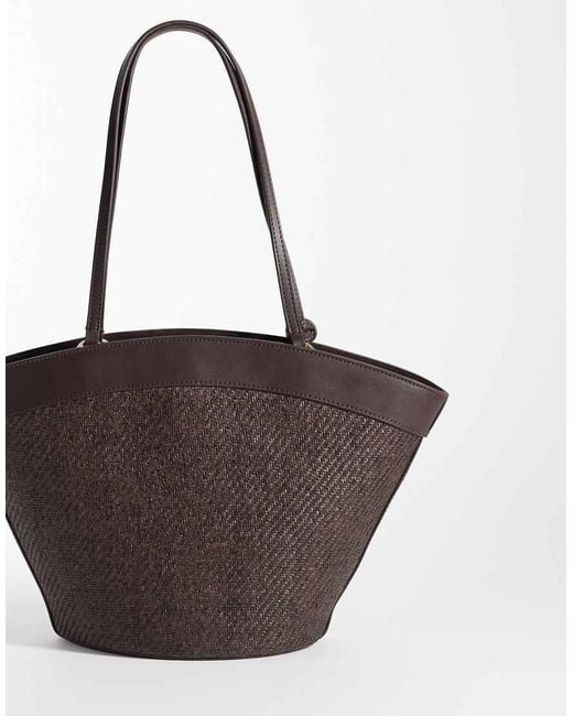 Mango Black Woven Shoulder Bag With Faux Leather Trim
