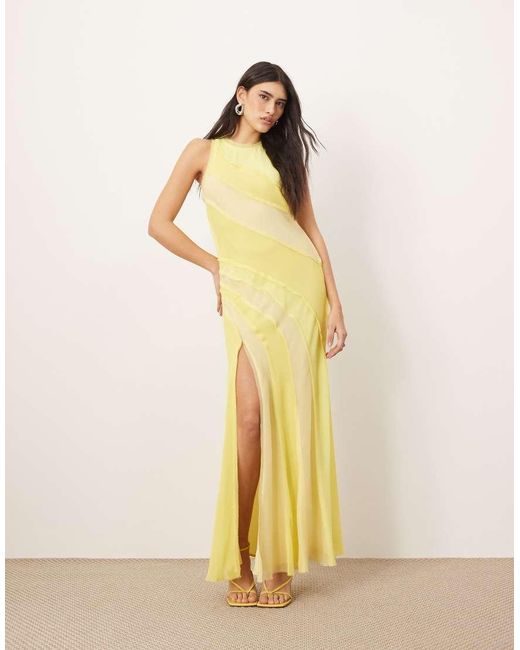 ARRANGE Metallic Racer Neck Raw Edge Panelled Maxi Dress