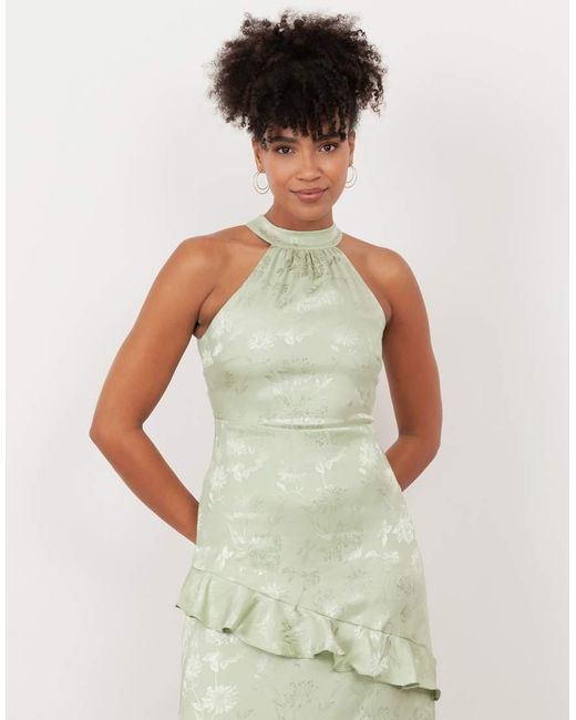 Maya Green Floral Jacquard Satin Halter Neck Maxi Dress