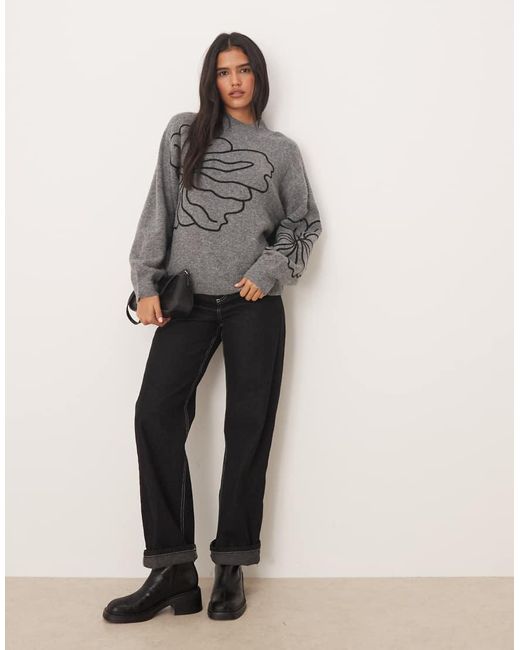 Jdy Gray Floral Stitch Detail Jumper