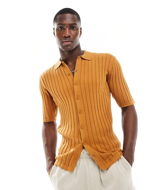 ASOS Orange Lightweight Knitted Rib Button Through Polo for men