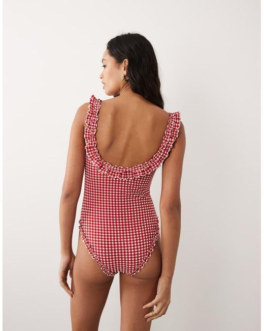 For Love & Lemons Red Alison Ruffle Trim Swimsuit