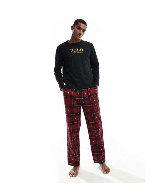 Polo Ralph Lauren – lounge-pyjamaset mit karierter hose und langärmligem shirt in Black für Herren