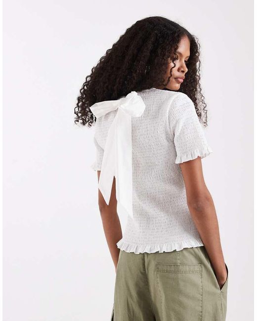 ASOS White Shirred Bow Detail Short Sleeve Top