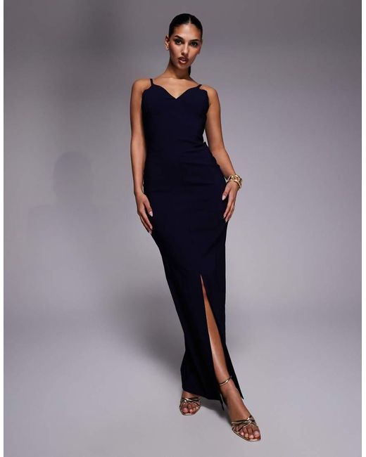 Vesper Blue Bengaline V Neck Cami Low Back Maxi Dress