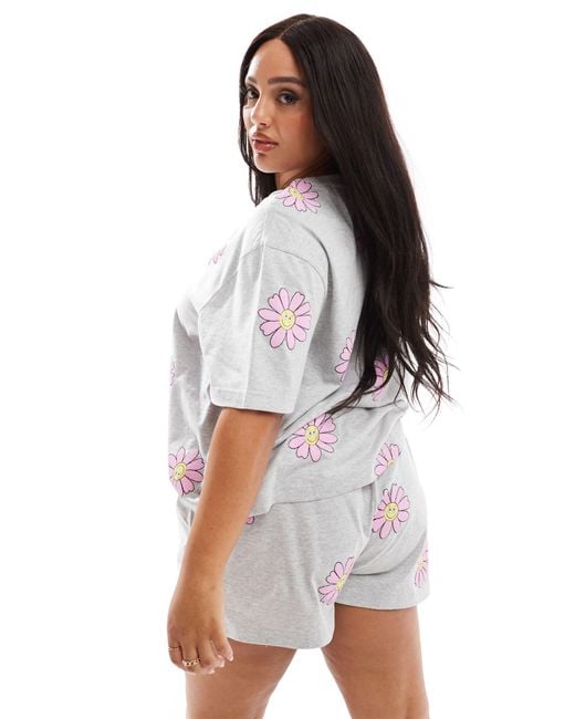 ASOS Gray Asos Design Curve Flower Oversized Tee & Shorts Pajama Set