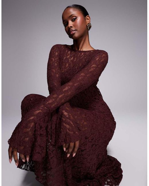 ASOS Purple Lace Long Sleeve Hanky Hem Midi Dress