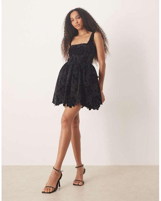 Six Stories Black Cutwork Lace Velvet Square Neck Fit And Flare Mini Dress