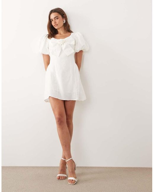 Sister Jane White Klara Jacquard Scoop Neck Puff Sleeve Bow Detail Mini Dress