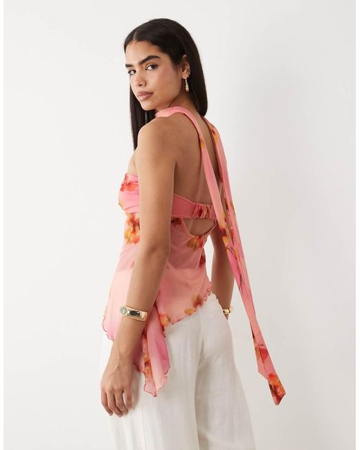 ASOS Red Sheer Twist Floral Print Asymmetric Bandeau