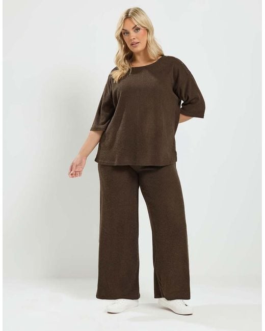 Yours Clothing Brown Ribbed Top & Wide Leg Trousers