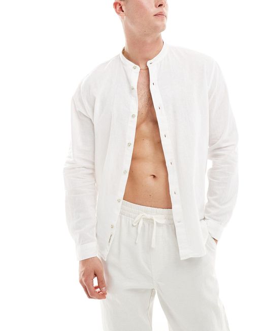 Pull&Bear – langärmliges hemd aus leinenmix in White für Herren