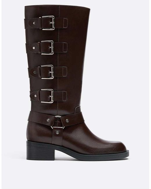 Stradivarius Brown Flat Distressed Boots With Buckles