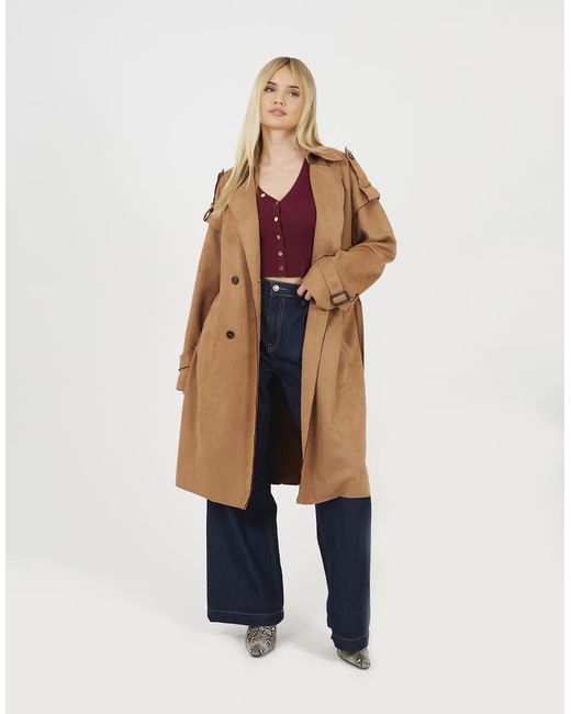 Brave Soul Natural Faux Suede Double Breasted Trench Coat