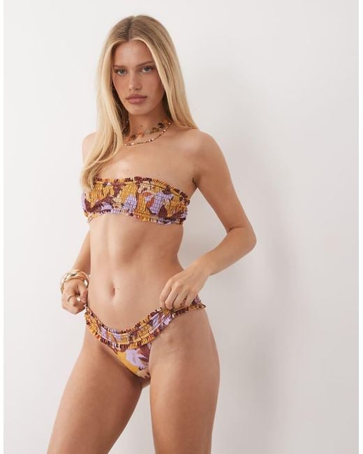 ASOS Natural May Frill Edge Shirred Hipster Bikini Bottom