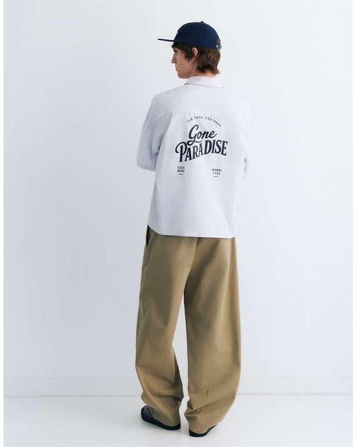 Pull&Bear White Double Sleeve Graphic Shirt for men