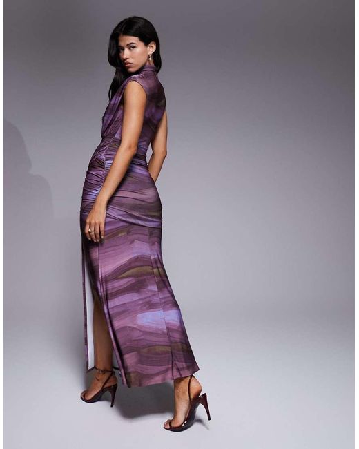 ASOS Purple Printed Maxi Dress With Drape Detail And Capped Sleeve