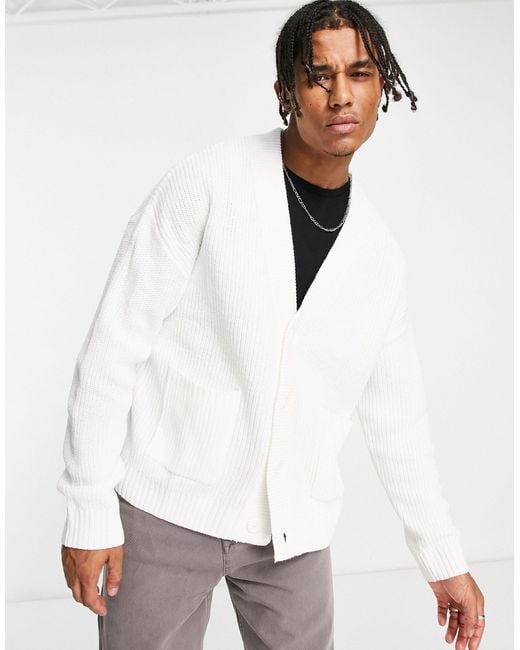 Bershka Synthetic Chunky Knit Cardigan in White for Men Lyst