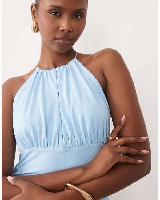 ASOS Blue Polyamide High Neck Cinched Waist Halter Top