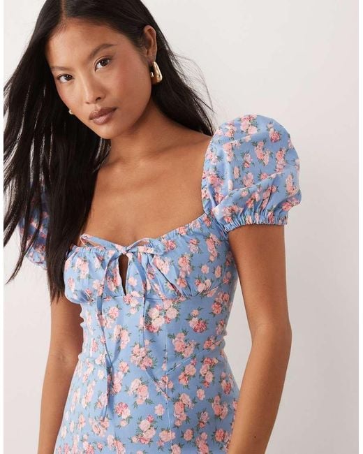 New Look Blue Floral Bouquet Milkmaid Midi Dress