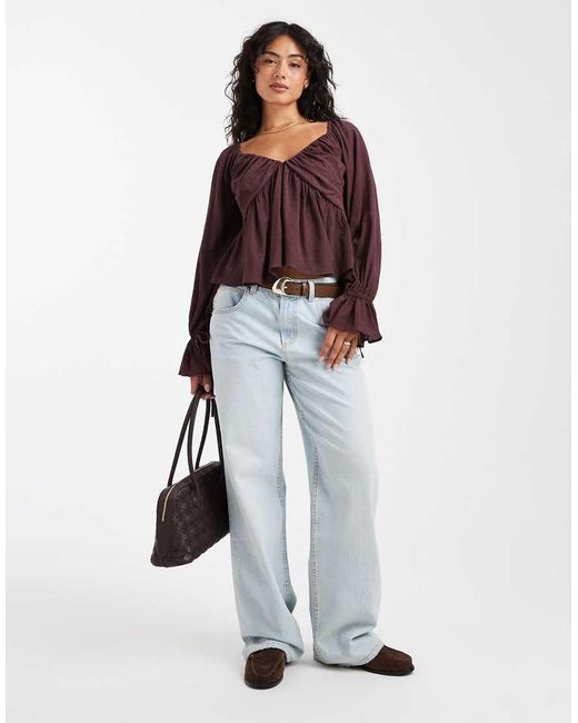ASOS Purple V Neck Crinkle Long Sleeve Blouse