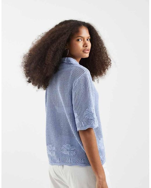 Vero Moda Blue Short Sleeve Floral Crochet Knit Button Front Polo Top