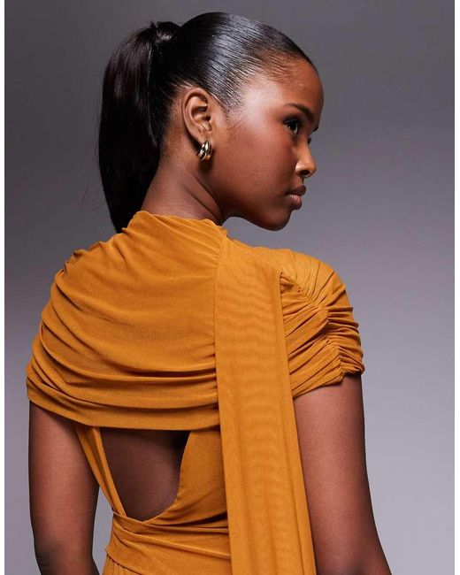 ASOS Brown Mesh Cape Detail Maxi Dress With Draped Back
