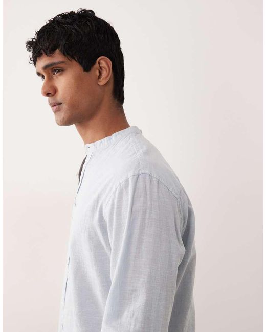 Jack & Jones Gray Stand Collar Linen Blend Long Sleeve Shirt for men