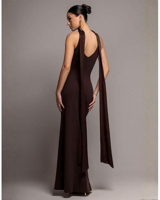 Goddiva Brown Sculpting Stretch Jersey & Velvet Satin Halterneck Maxi Dress With Back Sash