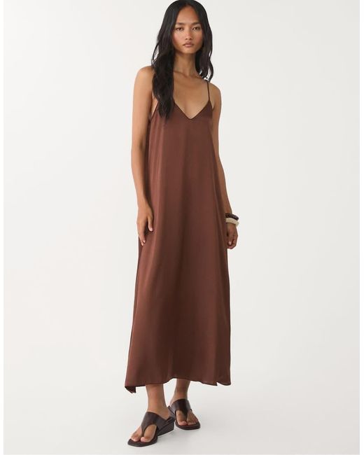 Stradivarius Brown Long Satin Dress